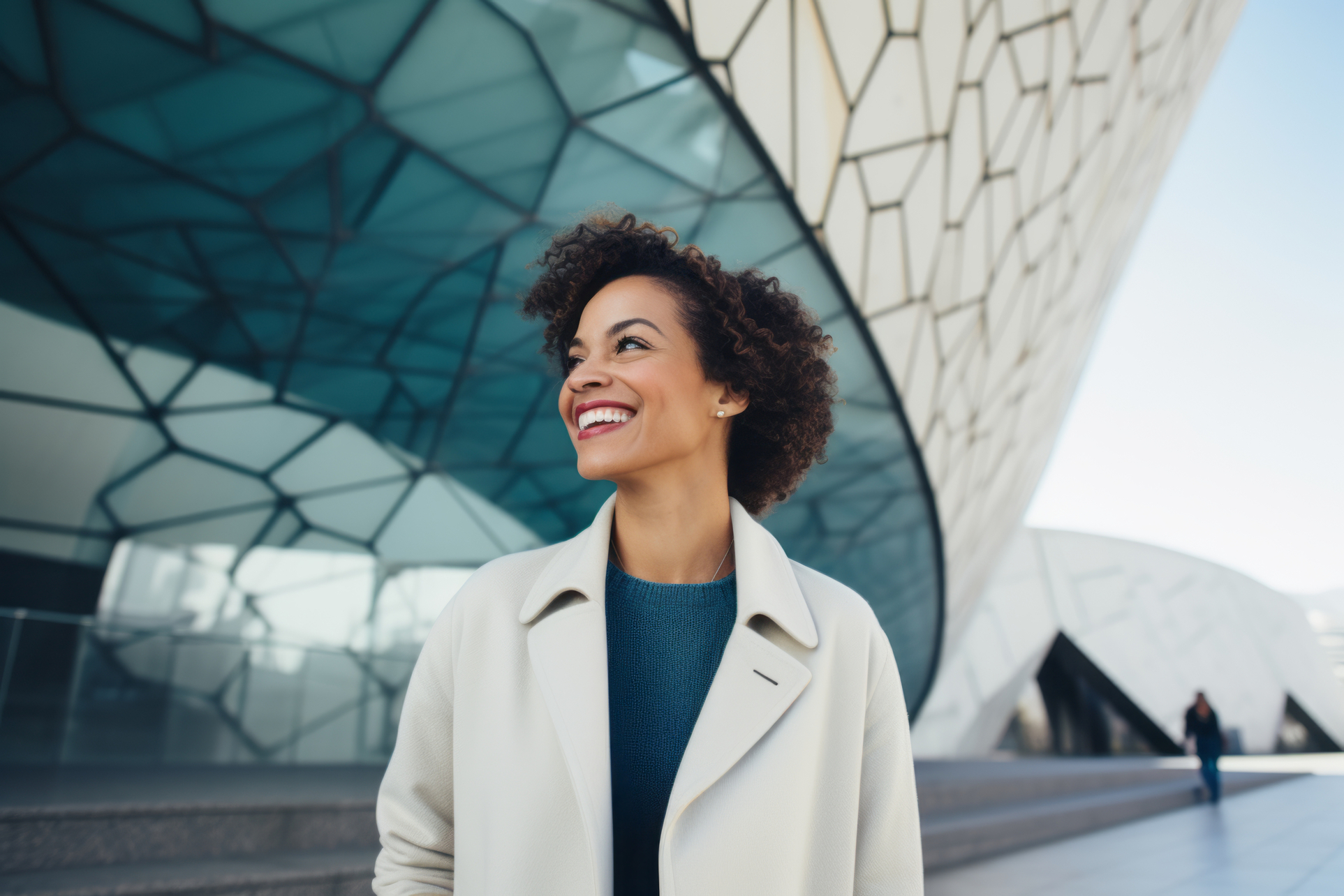 Woman with curly hair smiling in front of modern building