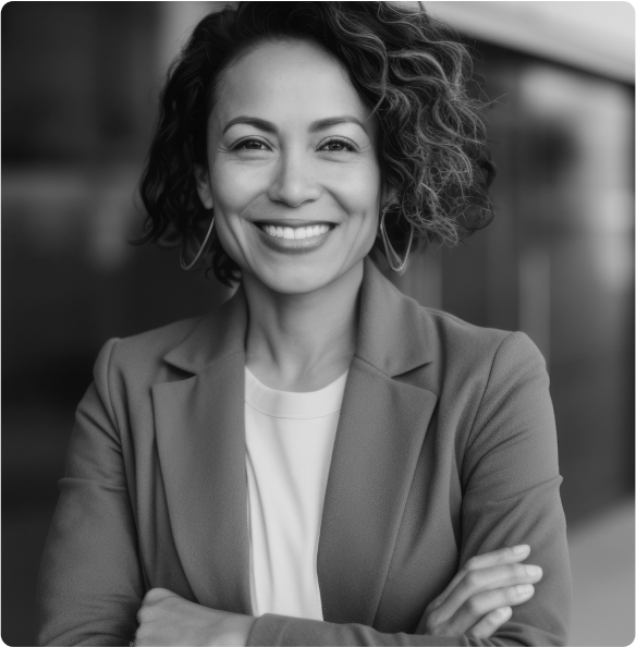 smiling woman with medium length hair crossing arms