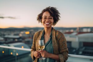 A Satisfied Woman In Her 30s Against A Rooftop Bar With A Stunning Skyline View Background