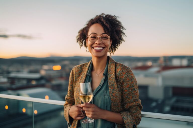 A Satisfied Woman In Her 30s Against A Rooftop Bar With A Stunning Skyline View Background