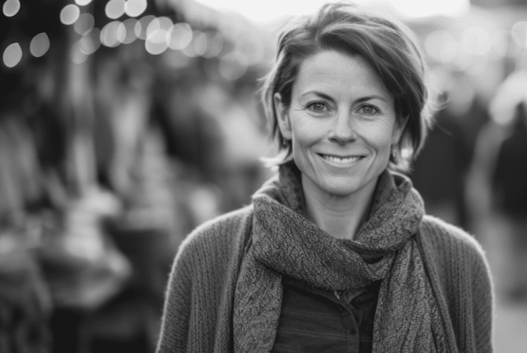 Smiling woman with a scarf against a restaurant background