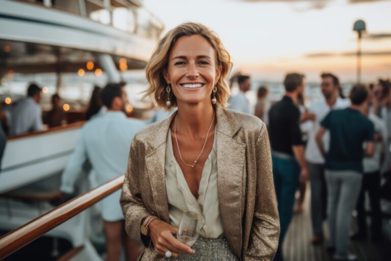 A Pleased Woman In Her 40s Against A Luxurious Yacht Party With People Mingling Background