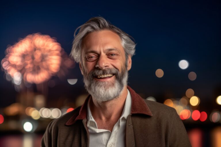 A Satisfied Man In His 50s Against A Mesmerizing Fireworks Display Over A City Skyline Background