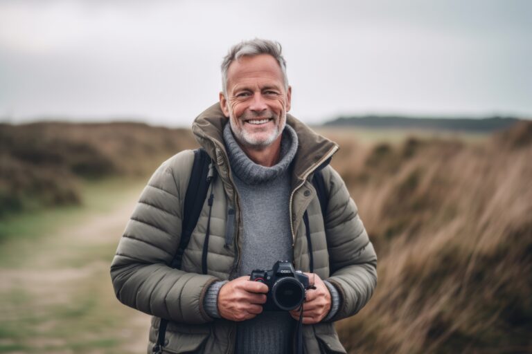 A Grinning Man In His 50s Against A Wildlife Background With A Camera