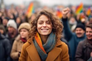 Medium Shot Portrait Photography Of A Pleased Woman In Her 30s at a Rally With Passionate Supporters Background