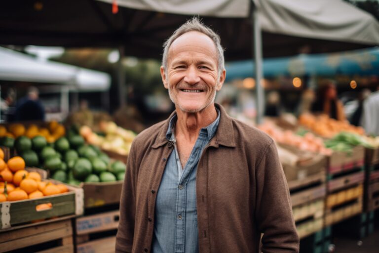 A Grinning Man In His 50s Against A Vibrant And Lively Farmer's Market With Seasonal Produce Background