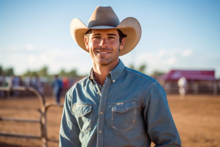 A Satisfied Man In His 30s wearing a western hat Against A Lively Rodeo Event With Barrel Racing And Bull Riding Background