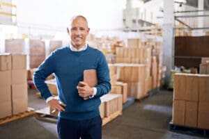 Portrait Of Man In Warehouse For Cargo, Storage And Shipping.