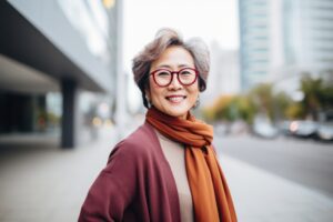 A Pleased Woman In Her 50s Wearing A Chic Cardigan Against A Modern Architectural Background