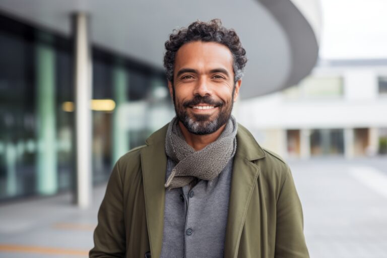 A Pleased Brazilian Man In His 40s Wearing Against A Modern Architectural Background