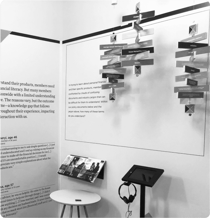 Experience Room display with a tablet and mobiles with text