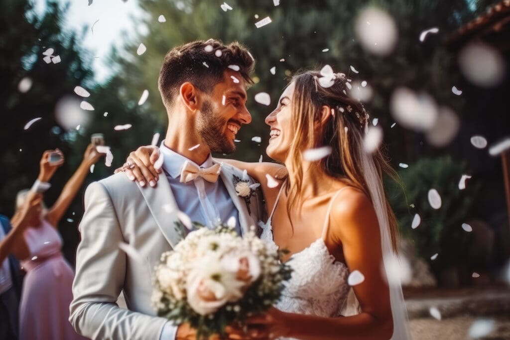 Happy wedding photography of bride and groom at wedding. Smiling couple at wedding, celebrating with family and friends. Generative AI